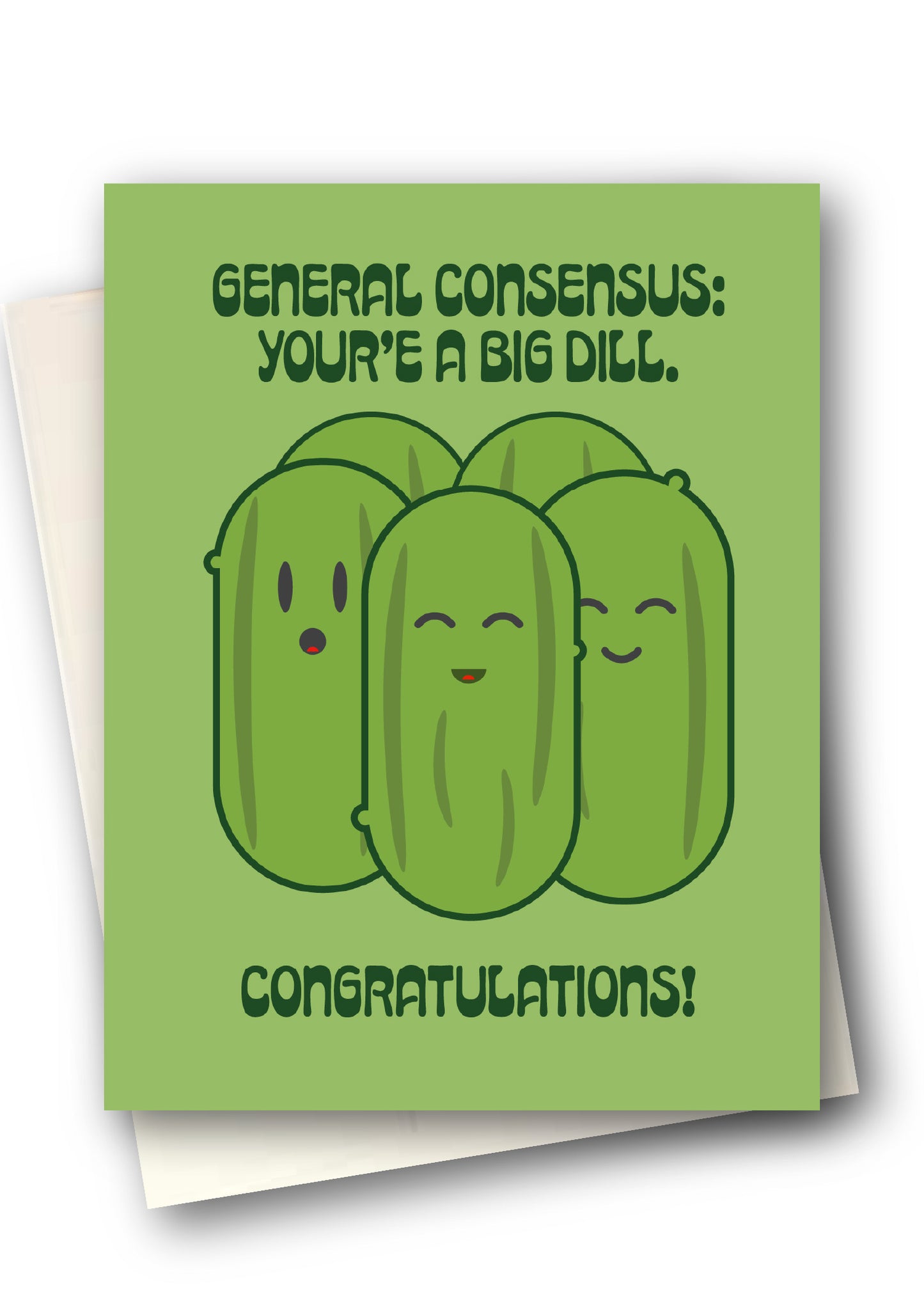Green card with cartoon pickles and humorous text on a white background