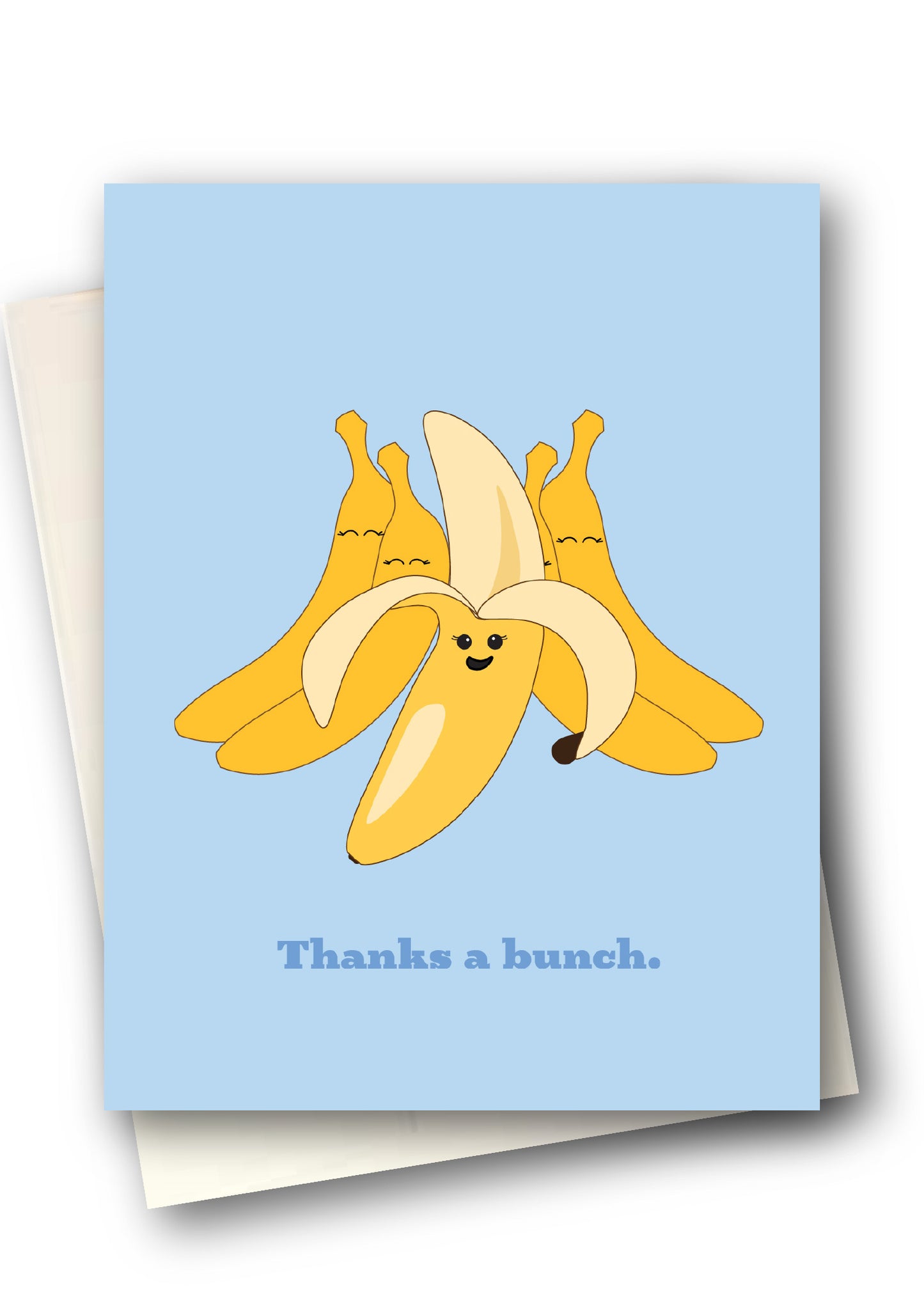 Greeting card with cartoon bananas and 'Thanks a bunch.' text on a light blue background