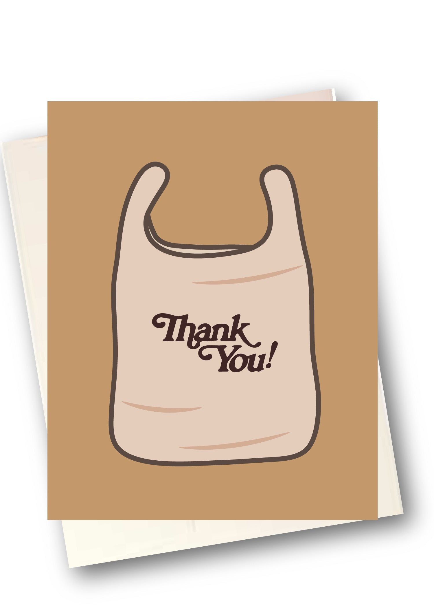 A greeting card featuring a stylized beige plastic bag with the words 'Thank You!' printed in dark brown script, shown with a cream envelope behind it on a white background.