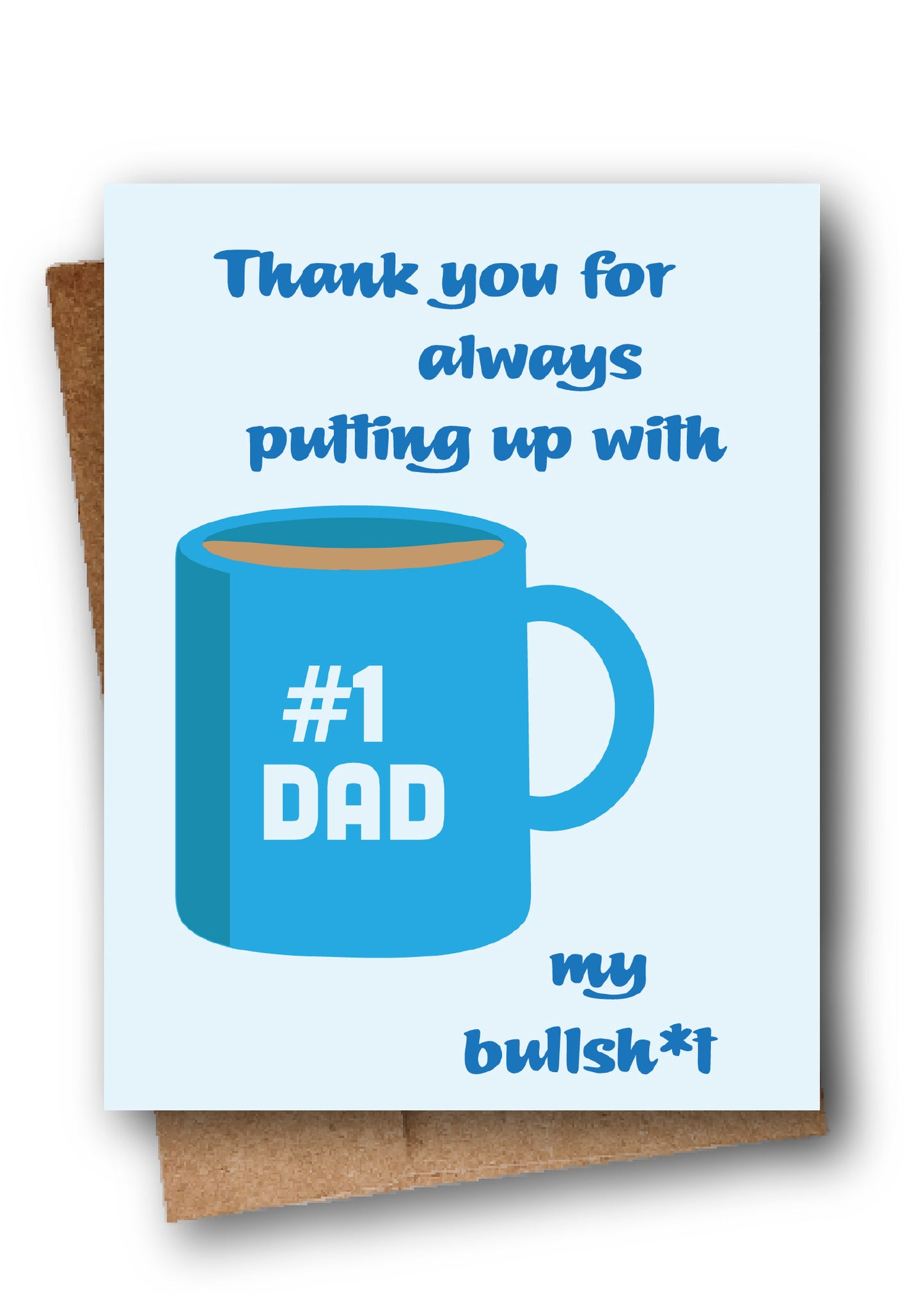 Card with a blue mug graphic and text thanking a father.
