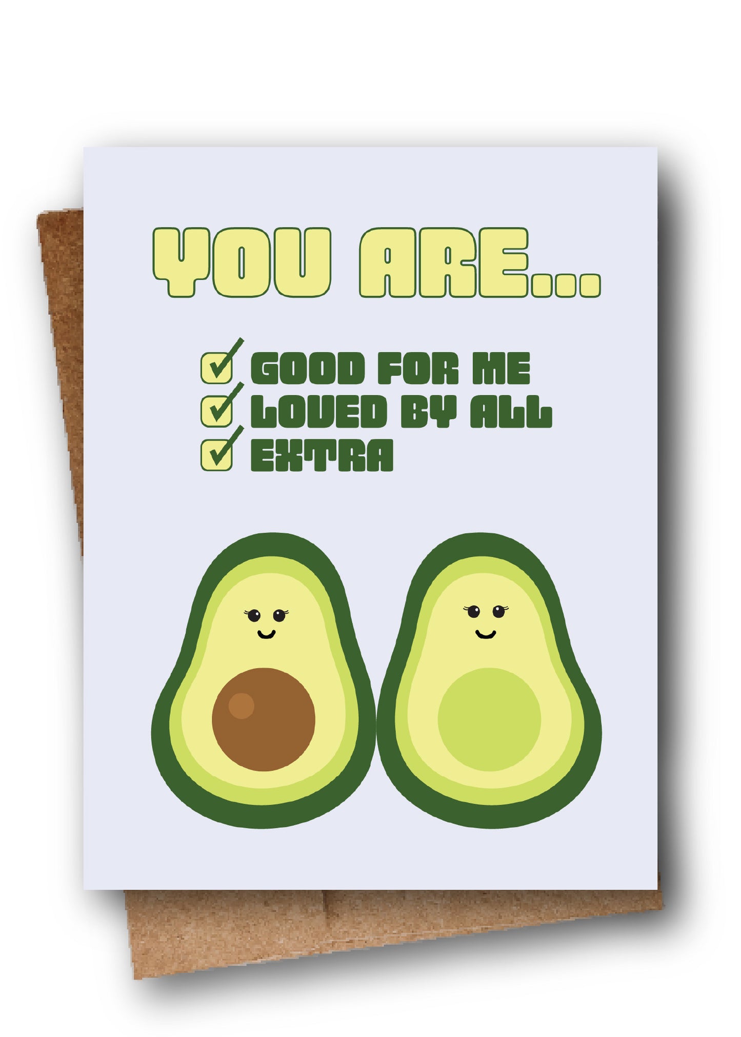 Card with cartoon avocados and text on a white background