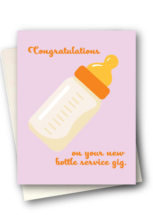 Card with a baby bottle illustration and humorous text on a pink background