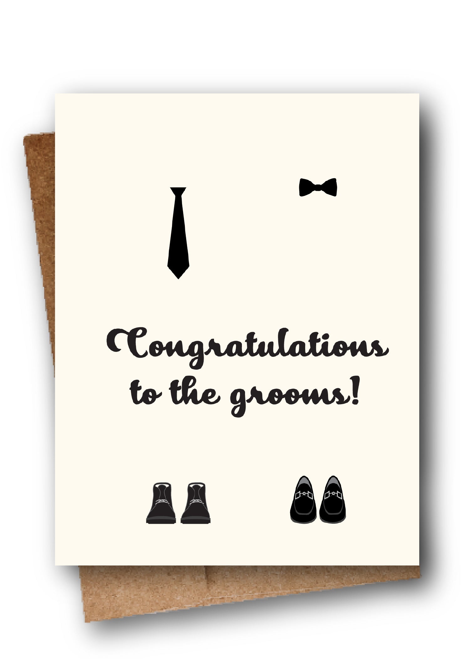 Greeting card with ties, bow tie, and shoes illustrations and 'Congratulations to the grooms!' text on a white background.