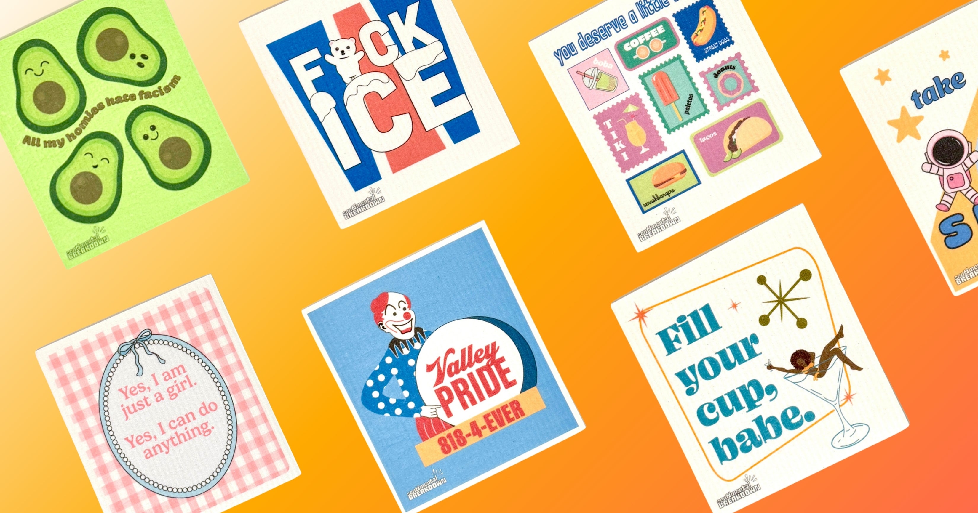 Five colorful dishcloths with humorous and graphic designs are arranged on a bright orange-to-yellow gradient background. The designs include avocado graphics, a gingham pattern with text, a clown illustration with 'Valley Pride', bold text reading 'F*CK ICE', and a grid of small food illustrations.