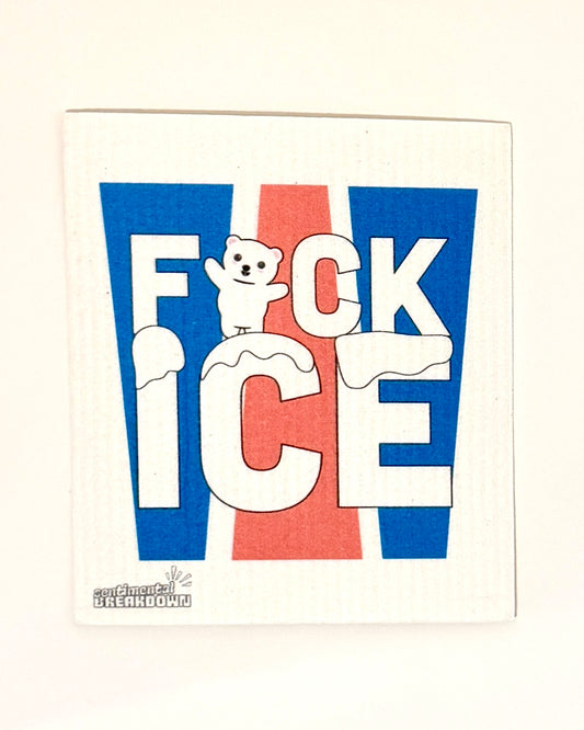 A square white paper napkin with a textured waffle pattern, featuring a graphic print of the word 'F*CK ICE' in white letters over blue and red vertical stripes, with a small cartoon polar bear on the letter 'U'.