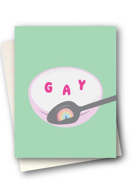 Card with a spoon and 'GAY' text on a light green background