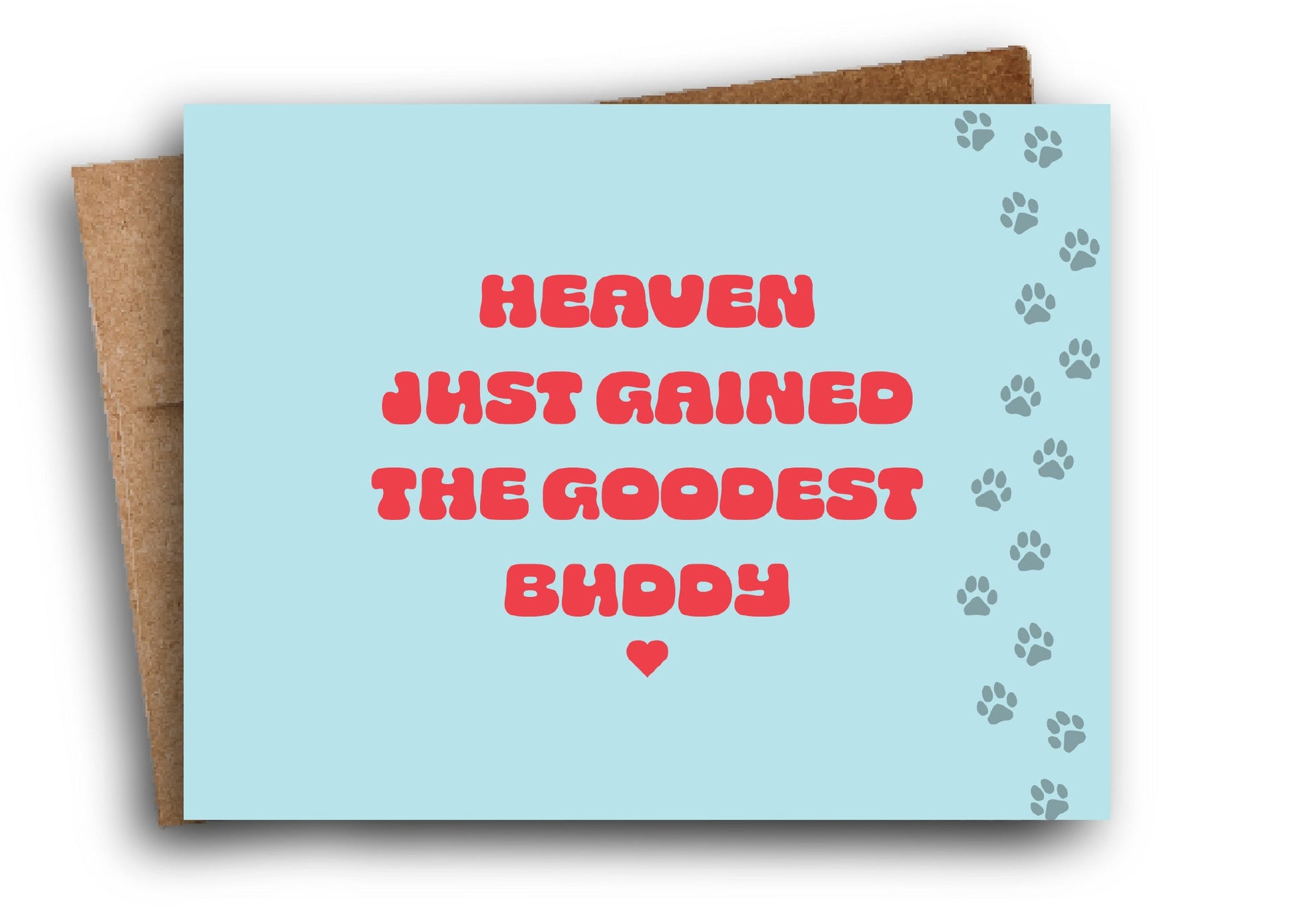 Card with red text on a light blue background with paw prints, featuring a brown envelope.