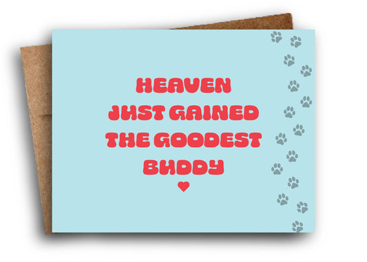 Card with red text on a light blue background with paw prints, featuring a brown envelope.