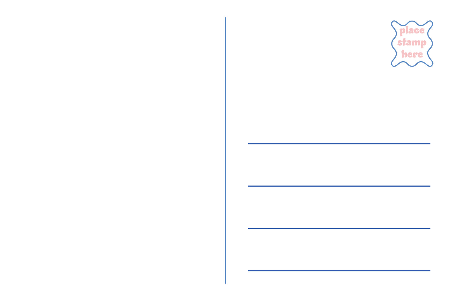 A white postcard back design with a vertical blue line, three horizontal writing lines, and a small blue-and-pink stamp placeholder icon in the top right corner.