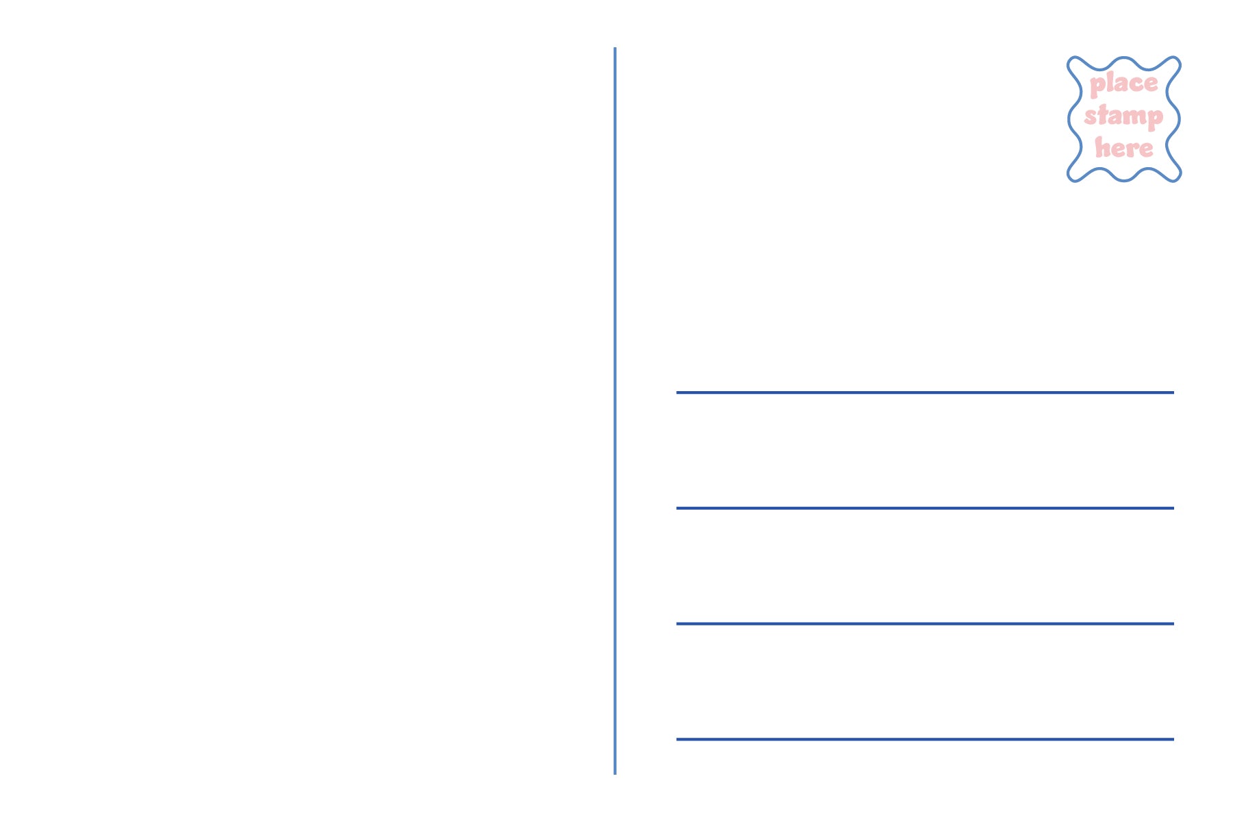 A white postcard back design with a vertical blue line, three horizontal writing lines, and a small blue-and-pink stamp placeholder icon in the top right corner.