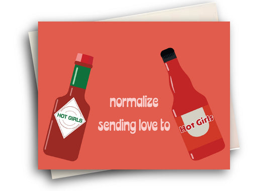 Greeting card with two bottles of hot sauce and text on a red background
