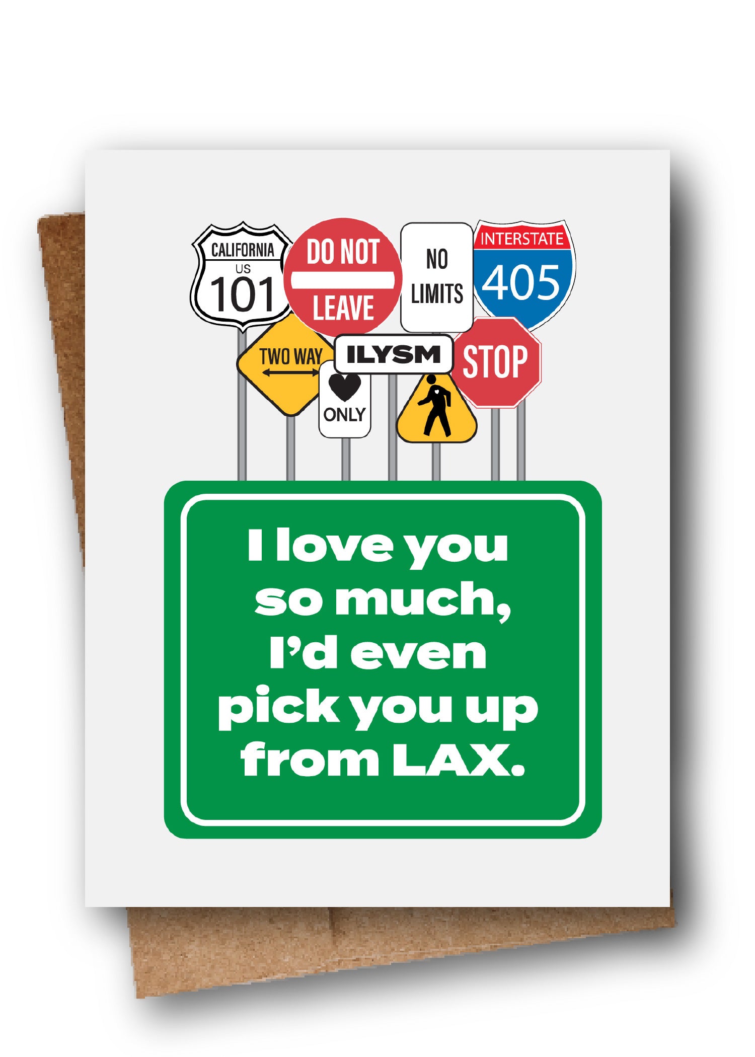 Greeting card with road sign graphics and text on a white background
