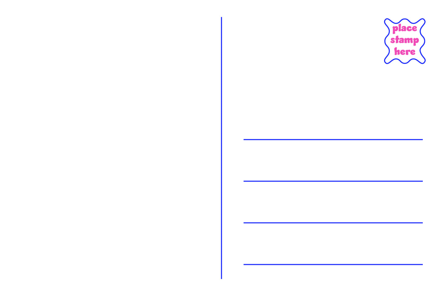 A white postcard back design with a vertical blue line, three horizontal writing lines, and a small blue-and-pink stamp placeholder icon in the top right corner.