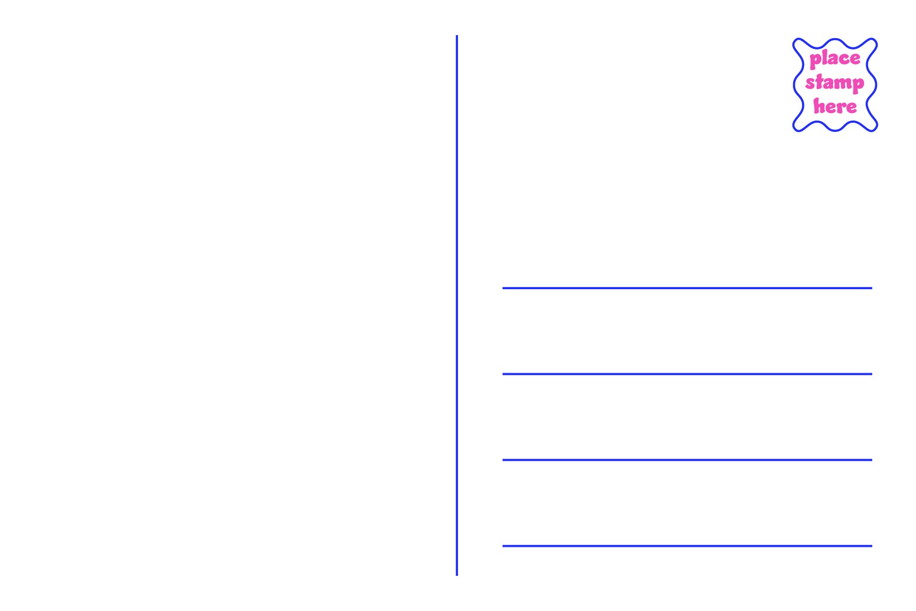 A white postcard back design with a vertical blue line, three horizontal writing lines, and a small blue-and-pink stamp placeholder icon in the top right corner.