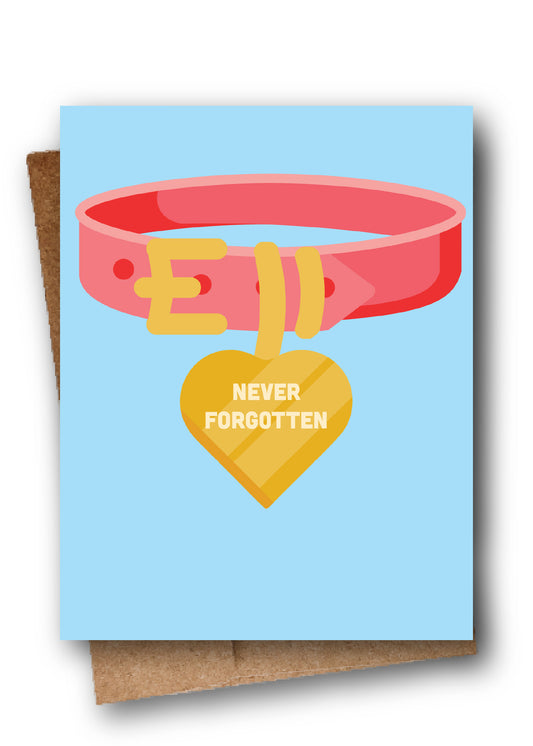 Card with a pink dog collar and yellow heart tag on a light blue background