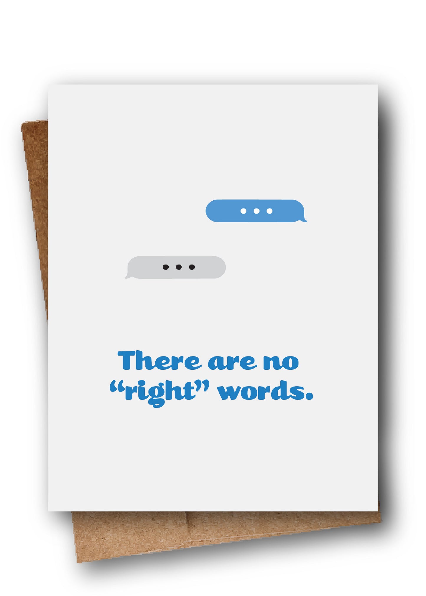 Card with text 'There are no right words' and speech bubble graphics on a white background
