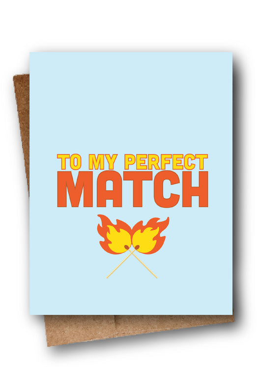 Greeting card with 'To my perfect match' text and fire emojis on a light blue background