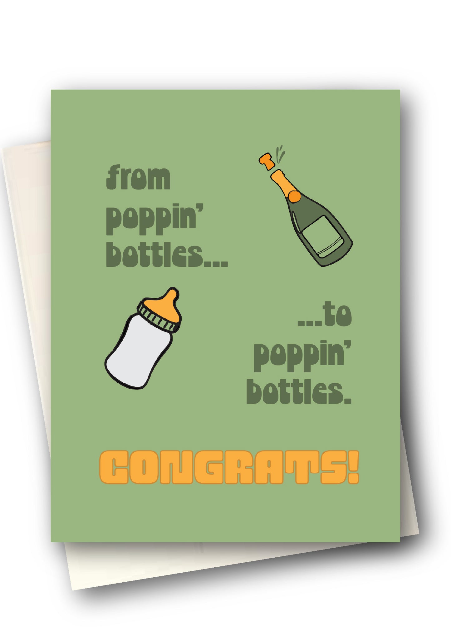 Greeting card with champagne bottle and baby bottle illustrations on a green background