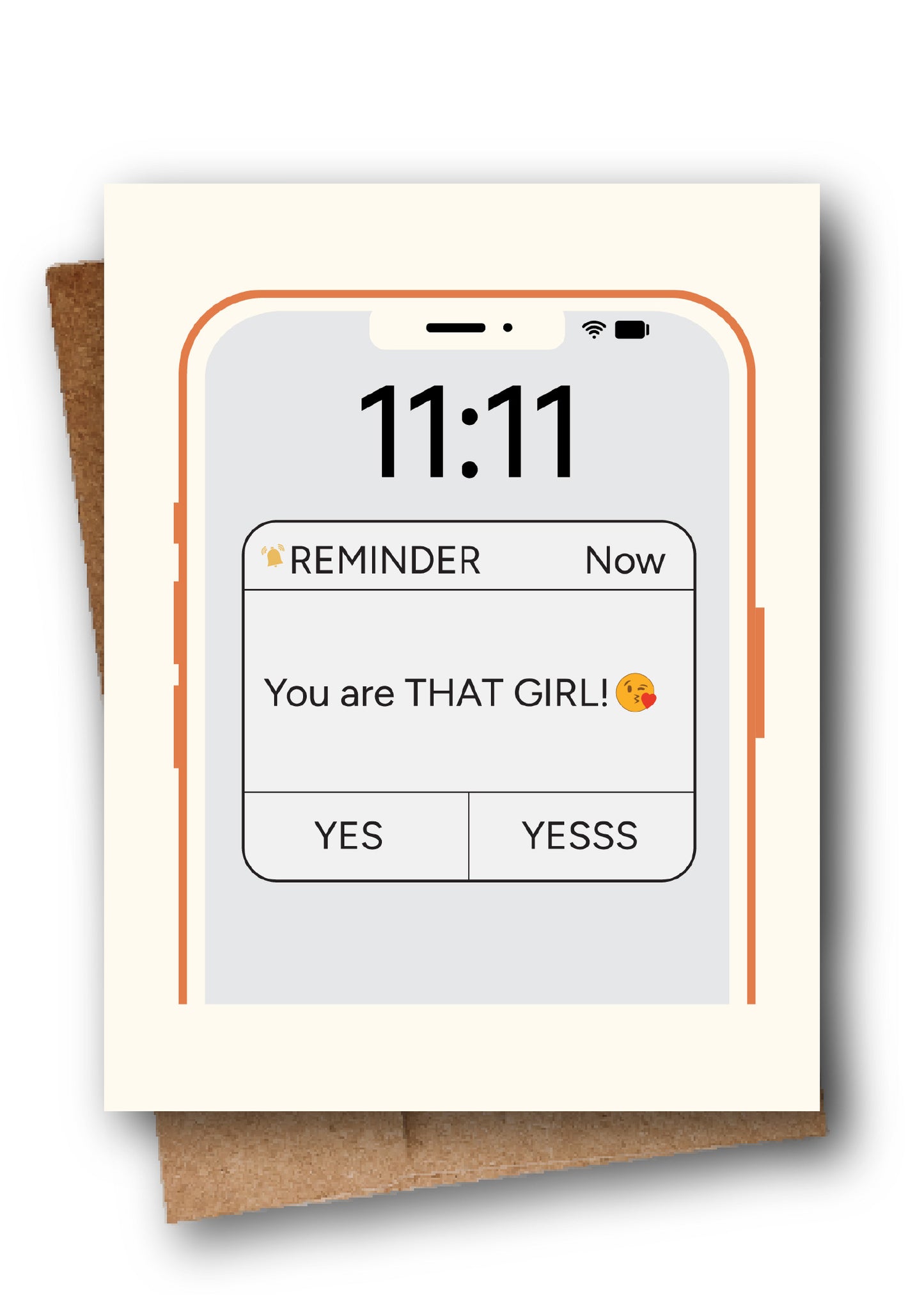 Greeting card with smartphone design showing a clock and text, on a white background