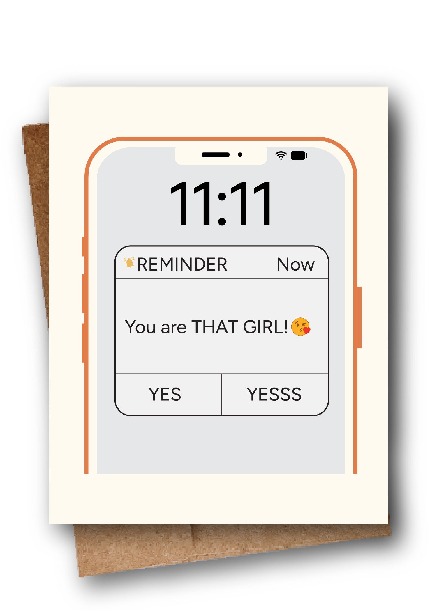 Greeting card with smartphone design showing a clock and text, on a white background