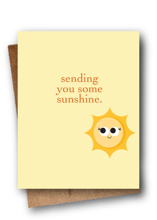 Card with a sun illustration and text 'sending you some sunshine' on a white background