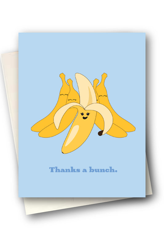 Greeting card with cartoon bananas and 'Thanks a bunch.' text on a light blue background