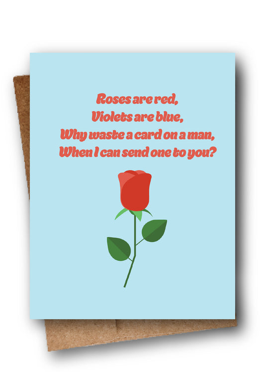 Card with red rose illustration and romantic text on a light blue background