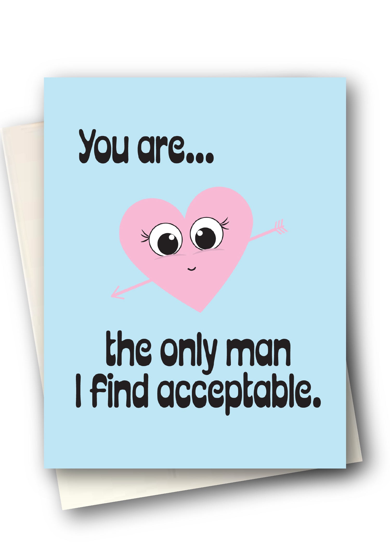 Card with a pink heart character and humorous text on a light blue background