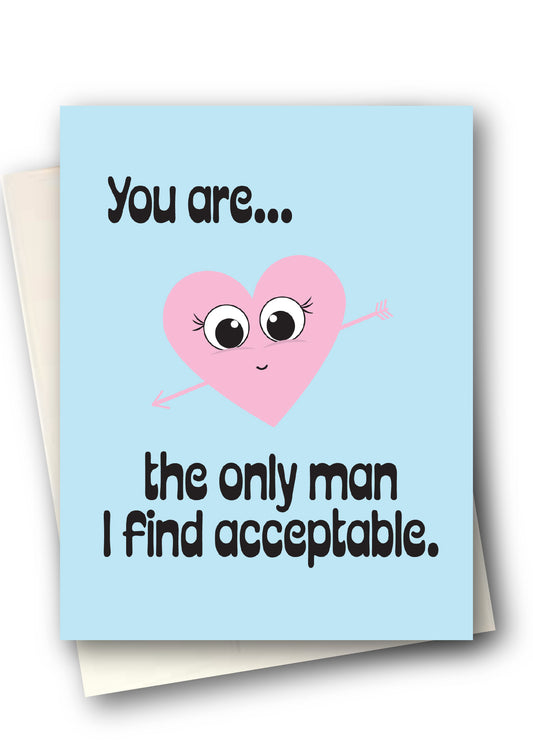 Card with a pink heart character and humorous text on a light blue background