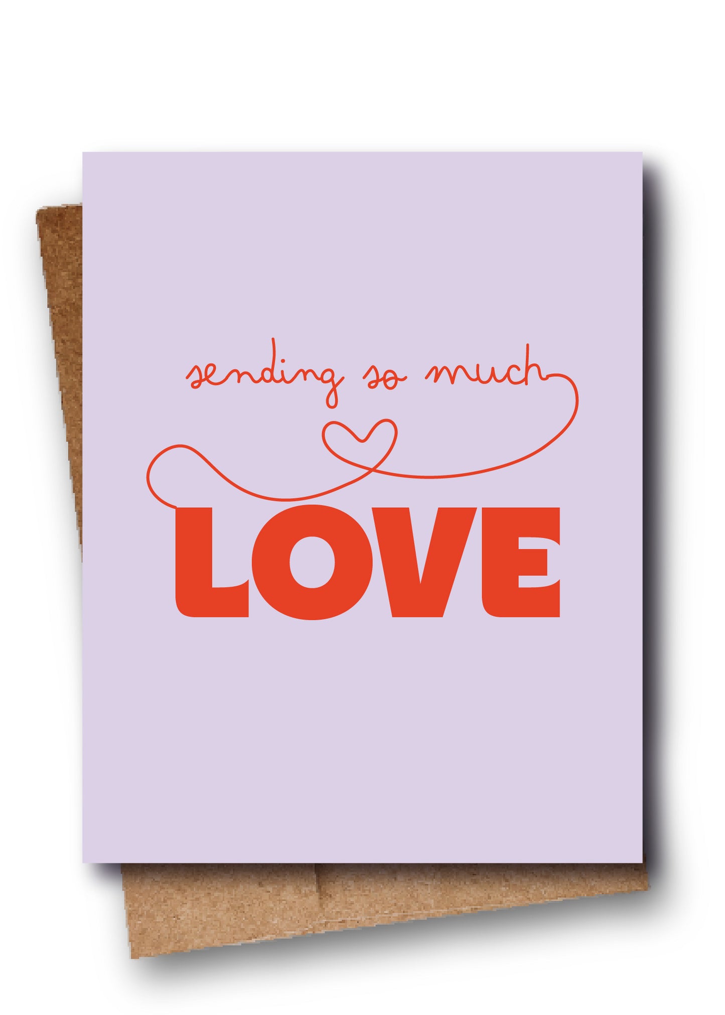 A lavender greeting card with red text reading 'sending so much LOVE' and a small heart outline, shown with a brown kraft envelope behind it on a white background.