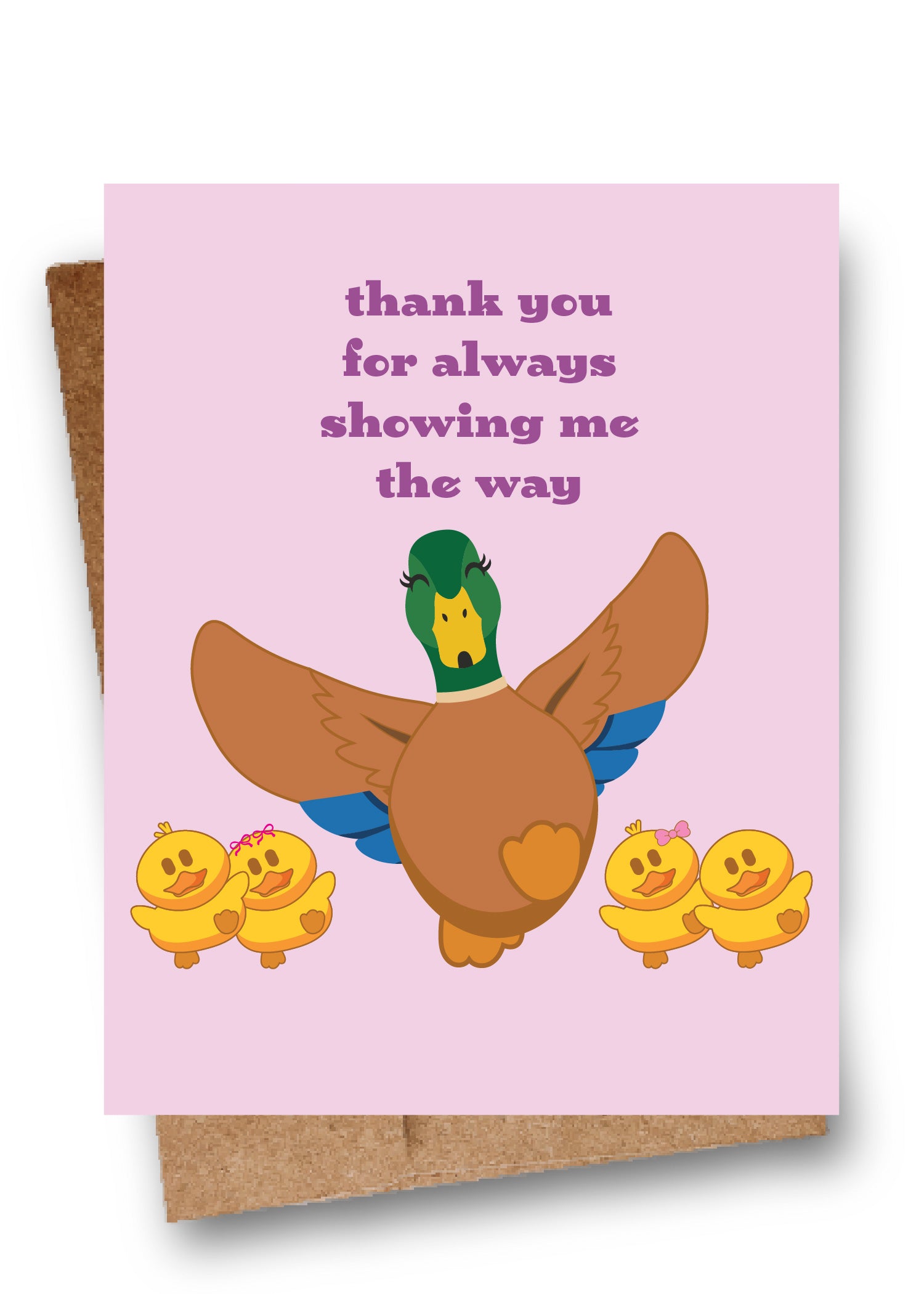 Card with a duck and ducklings on a purple background